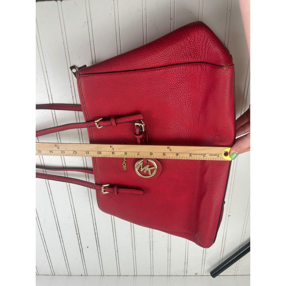 Michael Kors Jet Set Travel Large Red Pebbled Leather East West Tote Bag - Picture 13 of 15